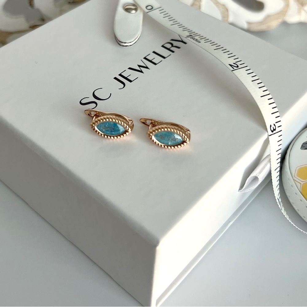 LAST ONE Drop Earrings 18k Gold Color Blue Stone Drop Luxury Jewelry - Picture 4 of 5